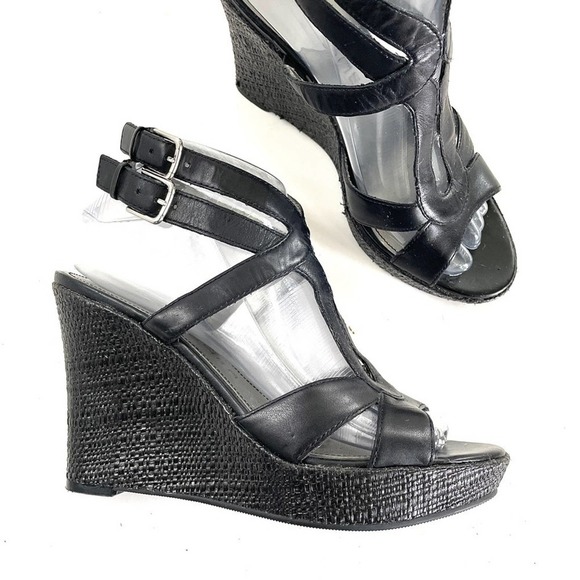 Marc Fisher Shoes - Marc Fisher Black Leather Raffia Wedge Platform Espadrille Ankle Strap Sandal 7